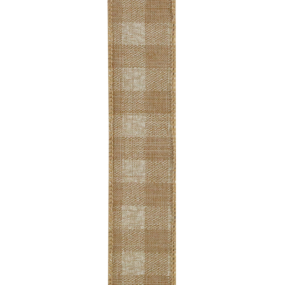 Twill Check Print Linen Wired Edge Ribbon Natural 1-1/2 Inch 20 Yards