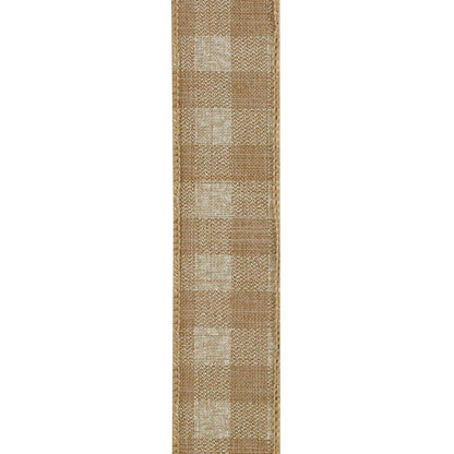 Twill Check Print Linen Wired Edge Ribbon Natural 1-1/2 Inch 20 Yards