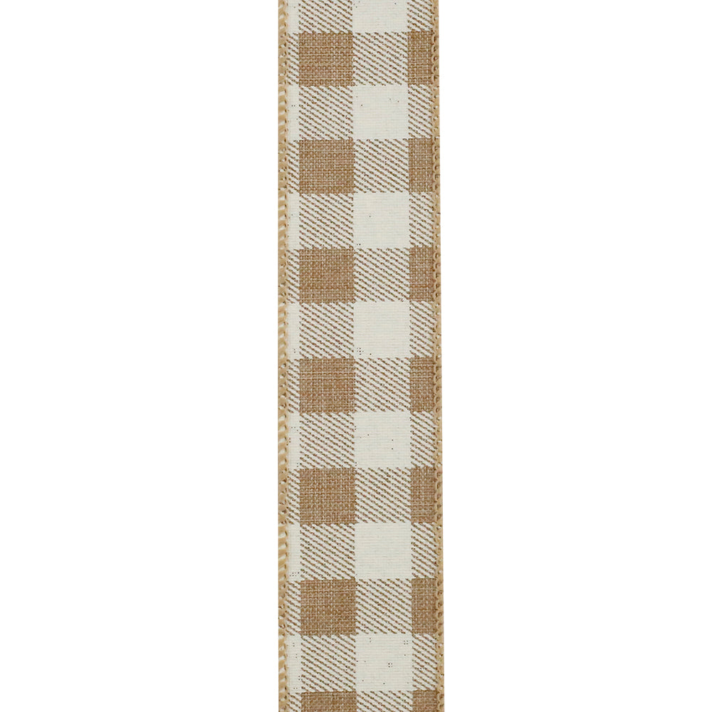 Twill Check Print Linen Wired Edge Ribbon Natural 1-1/2 Inch 20 Yards