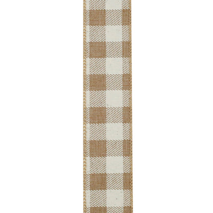 Twill Check Print Linen Wired Edge Ribbon Natural 1-1/2 Inch 20 Yards