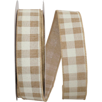 Twill Check Print Linen Wired Edge Ribbon Natural 1-1/2 Inch 20 Yards