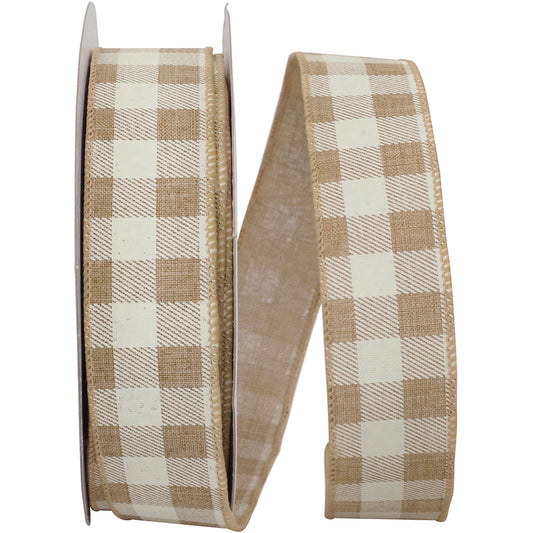 Twill Check Print Linen Wired Edge Ribbon Natural 1-1/2 Inch 20 Yards