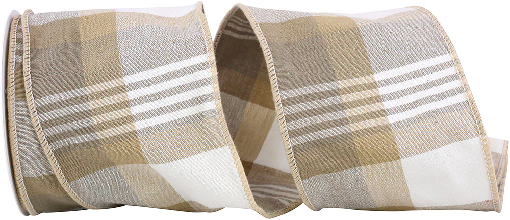 Plaid Terra Grand Canvas Wired Edge Ribbon Sand 4 Inch 10 Yards
