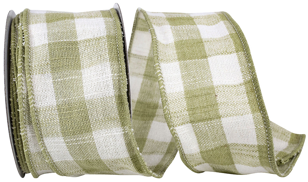 Cotton Canvas Check Wired Edge Ribbon Sage 2-1/2 Inch 10 Yards