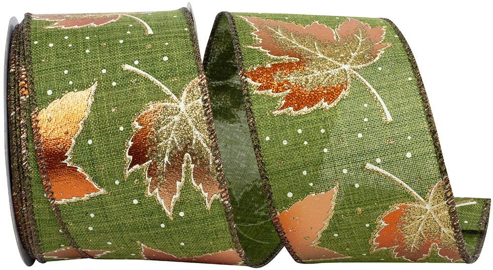 Leaves Glitter Metallic Linen Wired Edge Ribbon, 2-1/2 In 10 Yd