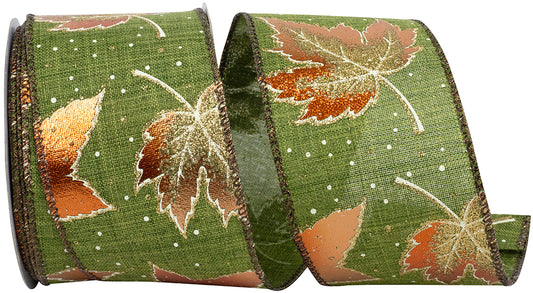 Leaves Glitter Metallic Linen Wired Edge Ribbon, 2-1/2 In 10 Yd
