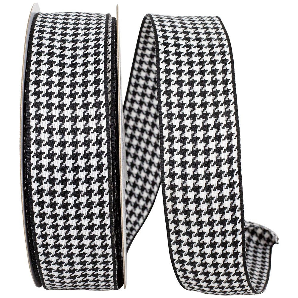 Houndstooth Texture Woven Wired Edge Ribbon, Black/White, 1-1/2In 25Yd