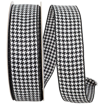 Houndstooth Texture Woven Wired Edge Ribbon, Black/White, 1-1/2In 25Yd