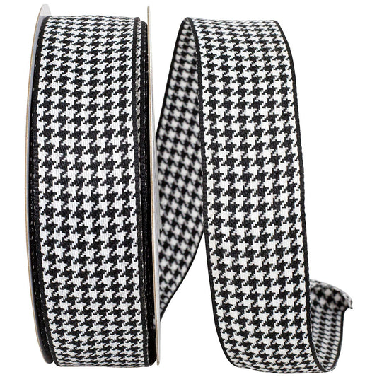 Houndstooth Texture Woven Wired Edge Ribbon, Black/White, 1-1/2In 25Yd