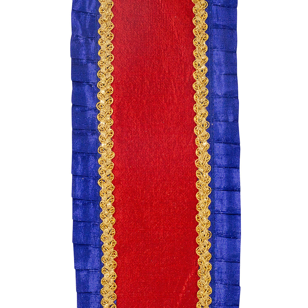 Metallic Pleated Overlay Deluxe Metallic Dupioni Backed Wired Edge Ribbon Royal/red 4 Inch 5 Yards