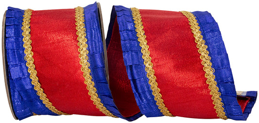 Metallic Pleated Overlay Deluxe Metallic Dupioni Backed Wired Edge Ribbon Royal/red 4 Inch 5 Yards