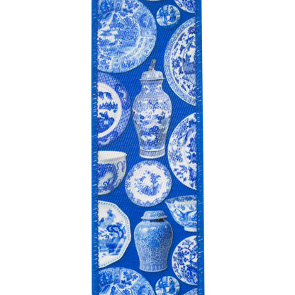 Terra Cotta Ceramics Chinoiserie Twill Deluxe Dupioni Backed Wired Edge Ribbon Porcelain Blue 2-1/2 Inch 10 Yards