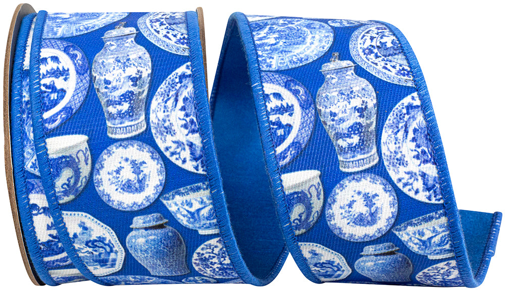 Terra Cotta Ceramics Chinoiserie Twill Deluxe Dupioni Backed Wired Edge Ribbon Porcelain Blue 2-1/2 Inch 10 Yards