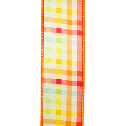 Pastel Check Multicolor Deluxe Wired Edge Ribbon Tangerine 2-1/2 Inch 10 Yards