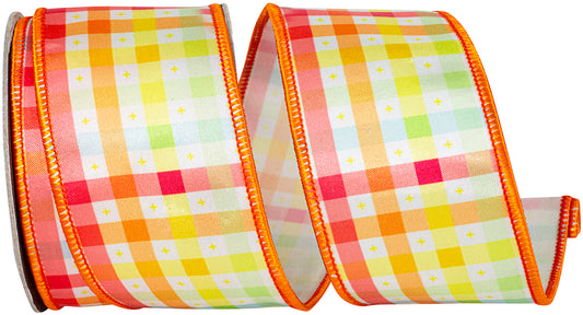 Pastel Check Multicolor Deluxe Wired Edge Ribbon Tangerine 2-1/2 Inch 10 Yards