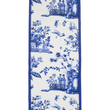 Asian Vista Chinoiserie Deluxe Wired Edge Ribbon White/blue 4 Inch 5 Yards