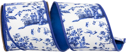 Asian Vista Chinoiserie Deluxe Wired Edge Ribbon White/blue 4 Inch 5 Yards