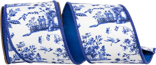 Asian Vista Chinoiserie Deluxe Wired Edge Ribbon White/blue 4 Inch 5 Yards