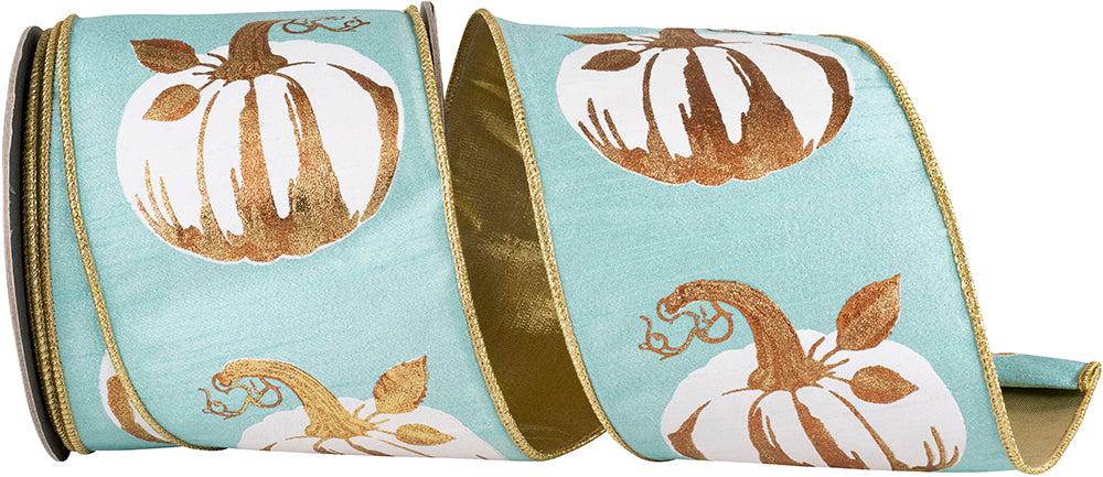 White Gilded Pumpkin Deluxe Wired Edge Ribbon, 4 In 10 Yd