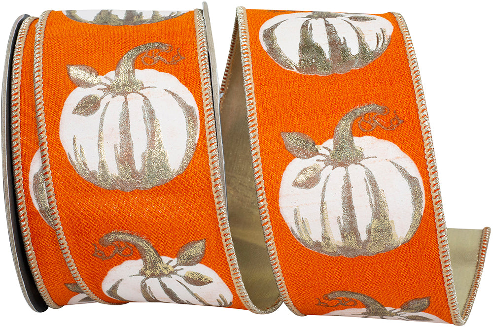 White Gilded Pumpkin Deluxe Wired Edge Ribbon, 2-1/2 In 10 Yd