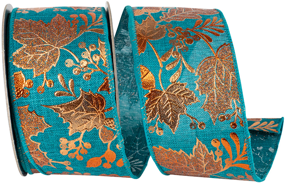 Leaf Raised Metallic Copper Linen Wired Edge Ribbon, 2-1/2 In 10 Yd
