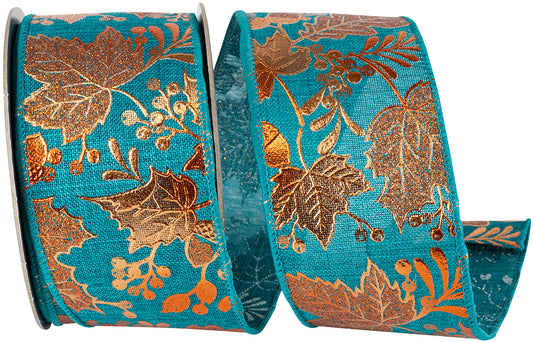Leaf Raised Metallic Copper Linen Wired Edge Ribbon, 2-1/2 In 10 Yd