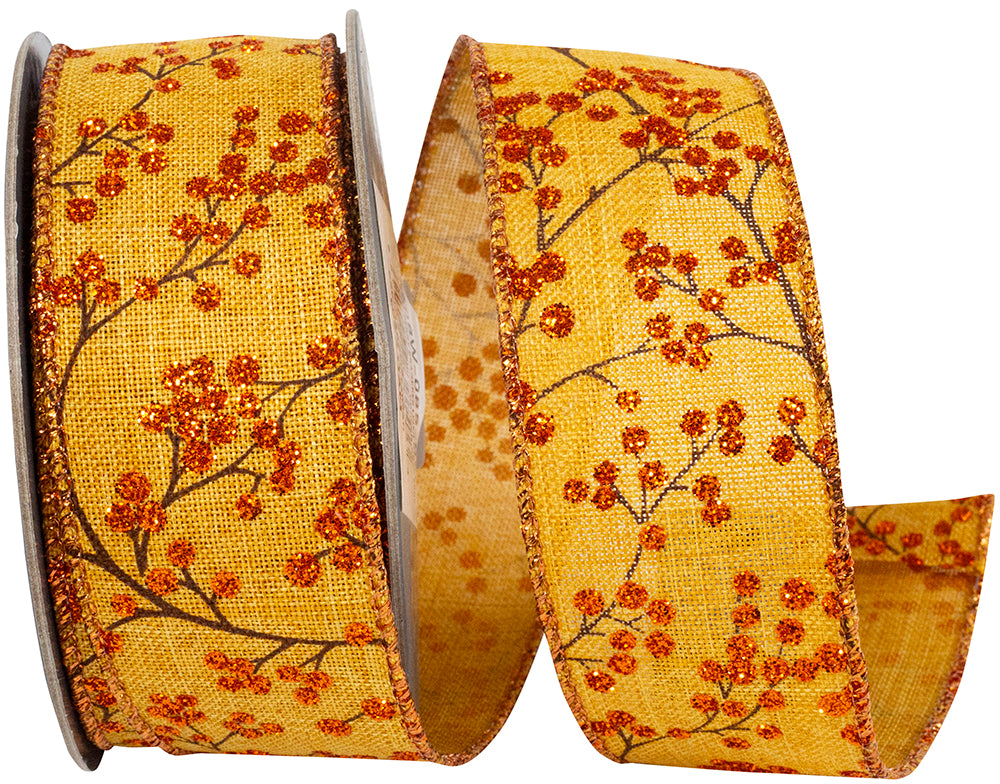 Forest Tonal Berry Branches Linen Wired Edge Ribbon, 1-1/2 In 10 Yd