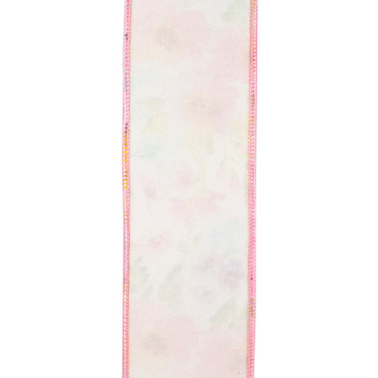 Watercolor Flowers Deluxe Fused Wired Edge Ribbon White/pink 2-1/2 Inch 10 Yards