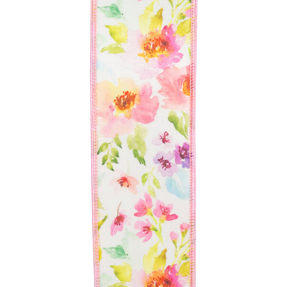 Watercolor Flowers Deluxe Fused Wired Edge Ribbon White/pink 2-1/2 Inch 10 Yards