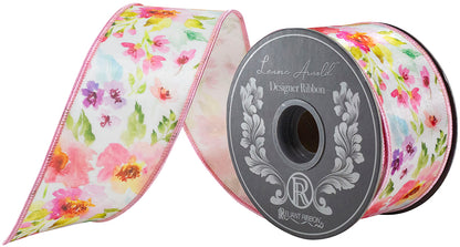 Watercolor Flowers Deluxe Fused Wired Edge Ribbon White/pink 2-1/2 Inch 10 Yards