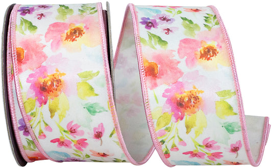 Watercolor Flowers Deluxe Fused Wired Edge Ribbon White/pink 2-1/2 Inch 10 Yards