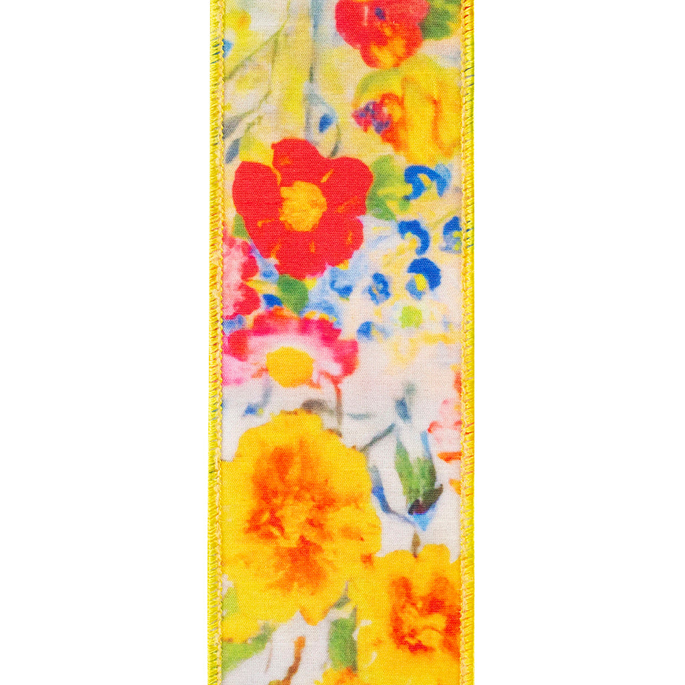 Flowers Colors Deluxe Dupioni Backed Wired Edge Ribbon Yellow 2-1/2 Inch 10 Yards