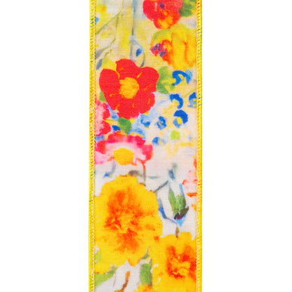 Flowers Colors Deluxe Dupioni Backed Wired Edge Ribbon Yellow 2-1/2 Inch 10 Yards