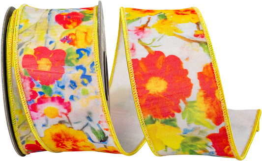 Flowers Colors Deluxe Dupioni Backed Wired Edge Ribbon Yellow 2-1/2 Inch 10 Yards