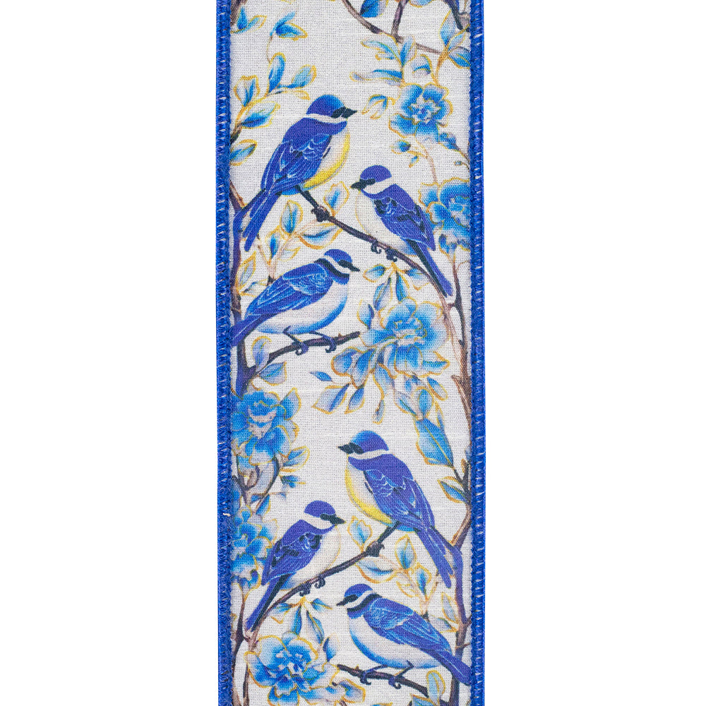 Blue Bird Perched Deluxe Dupioni Backed Wired Edge Ribbon Blue/white 2-1/2 Inch 10 Yards
