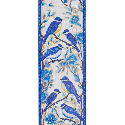 Blue Bird Perched Deluxe Dupioni Backed Wired Edge Ribbon Blue/white 2-1/2 Inch 10 Yards