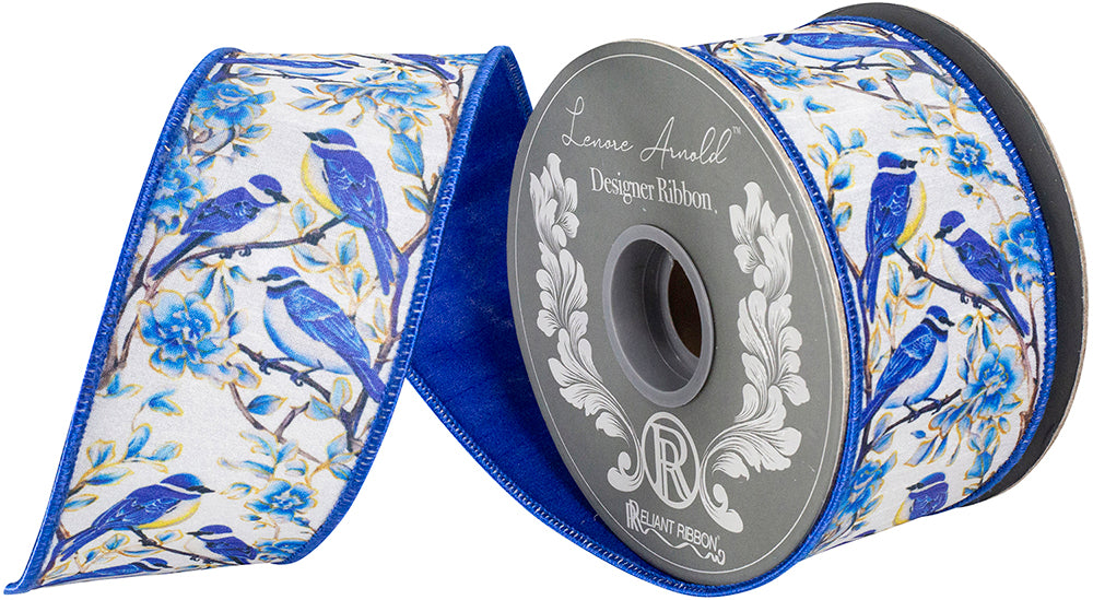 Blue Bird Perched Deluxe Dupioni Backed Wired Edge Ribbon Blue/white 2-1/2 Inch 10 Yards