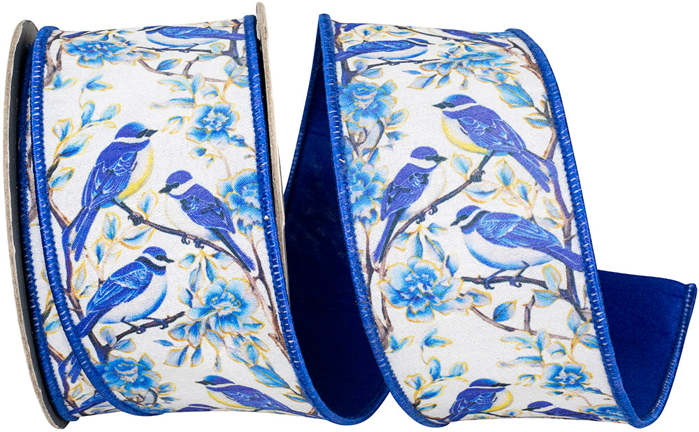 Blue Bird Perched Deluxe Dupioni Backed Wired Edge Ribbon Blue/white 2-1/2 Inch 10 Yards