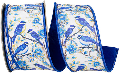 Blue Bird Perched Deluxe Dupioni Backed Wired Edge Ribbon Blue/white 2-1/2 Inch 10 Yards