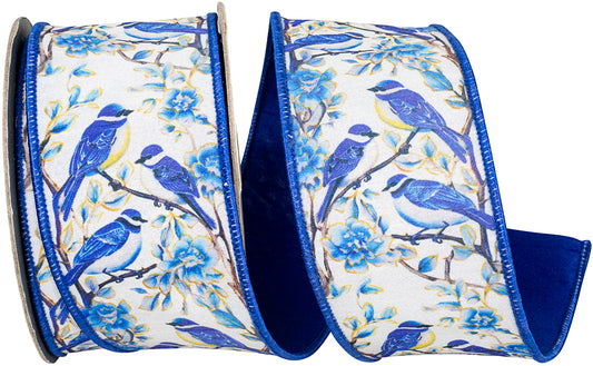 Blue Bird Perched Deluxe Dupioni Backed Wired Edge Ribbon Blue/white 2-1/2 Inch 10 Yards