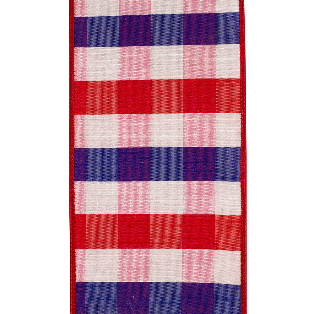Patriotic Dupioni Plaid Backed Wired Edge Ribbon Red/white/blue 4 Inch 10 Yards