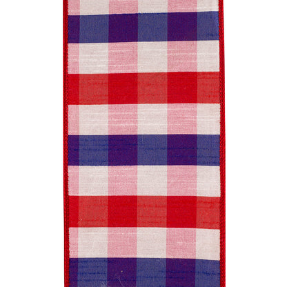 Patriotic Dupioni Plaid Backed Wired Edge Ribbon Red/white/blue 4 Inch 10 Yards