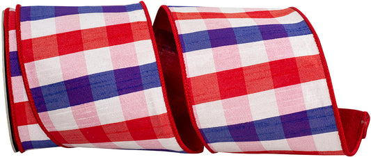 Patriotic Dupioni Plaid Backed Wired Edge Ribbon Red/white/blue 4 Inch 10 Yards
