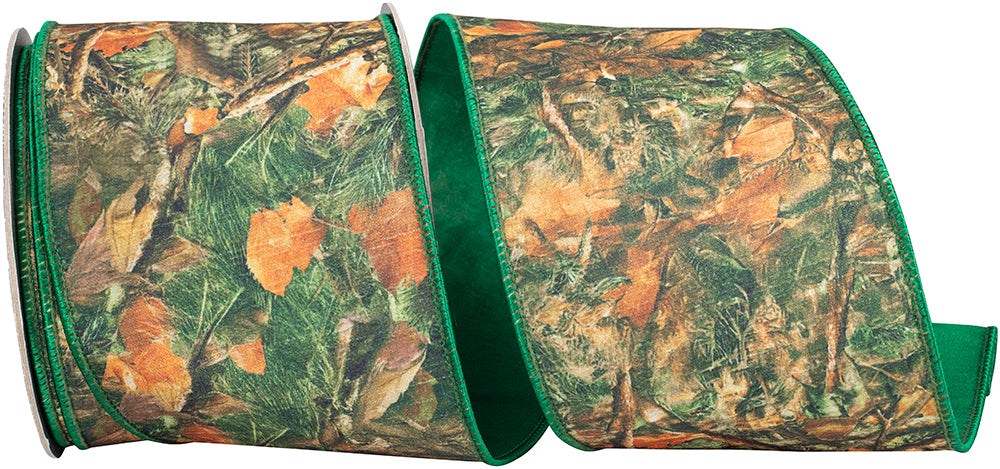 Forest Walkway Camouflage Dupioni Fused Backed Wired Edge Ribbon, 4 In 10 Yd