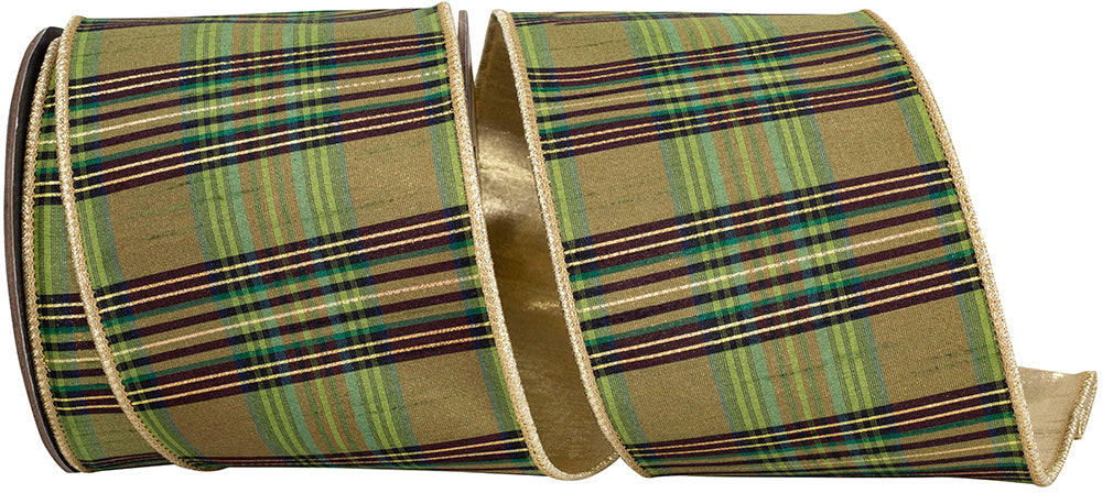 Willow Plaid Fused Metallic Dupioni Backed Wired Edge Ribbon, 4 In 10 Yd