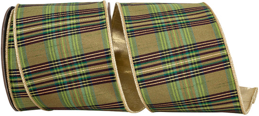Willow Plaid Fused Metallic Dupioni Backed Wired Edge Ribbon, 4 In 10 Yd