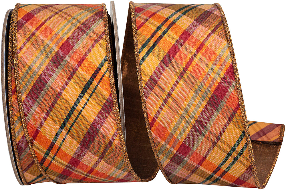 Tierra Tonal Diagonal Plaid Fused Metallic Backed Wired Edge Ribbon, 2-1/2 In 10 Yd