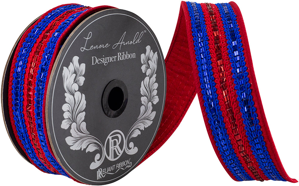 Trimming Lines Deluxe Fused Backed Wired Edge Ribbon Red/royal 1-1/2 Inch 5 Yards