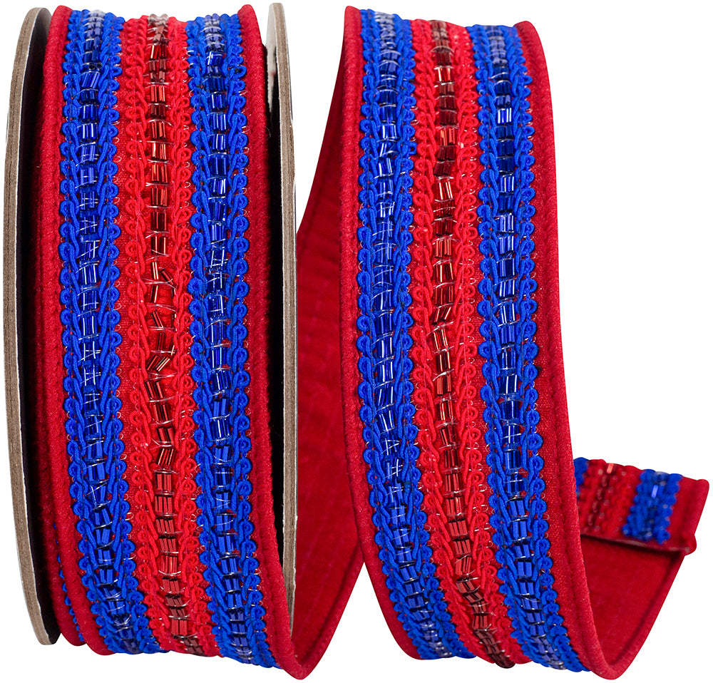 Trimming Lines Deluxe Fused Backed Wired Edge Ribbon Red/royal 1-1/2 Inch 5 Yards