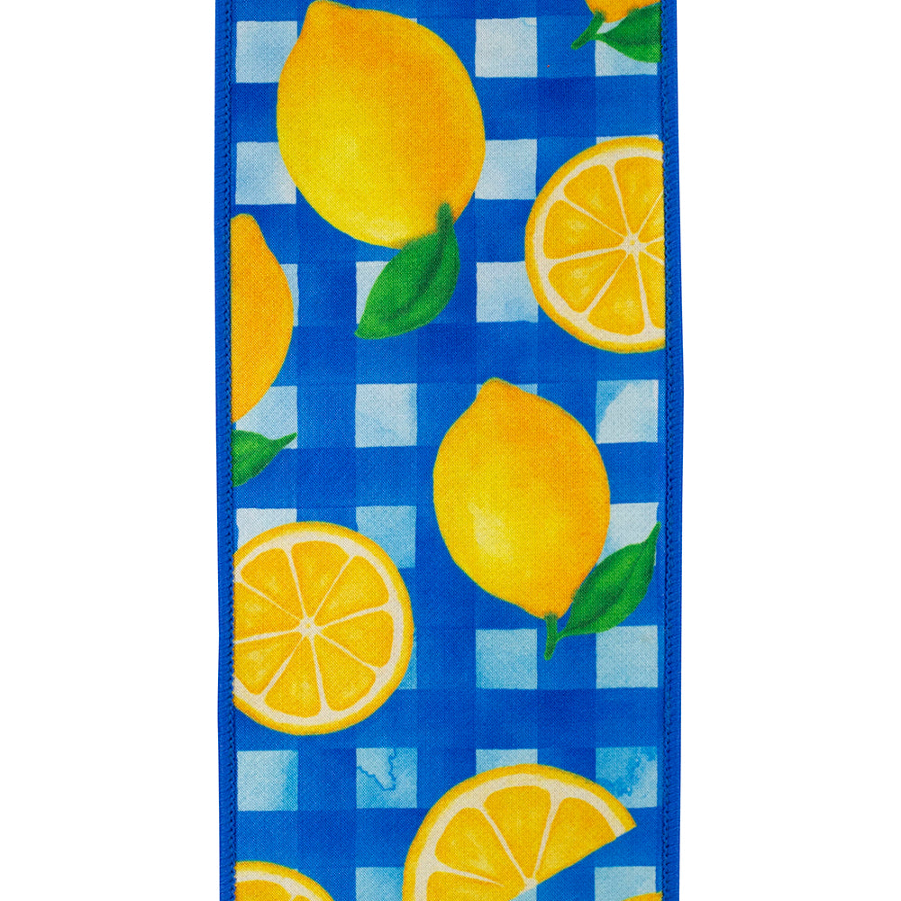 Lemon Picnic Royale Fused Dupioni Backed Wired Edge Ribbon Royal/yellow 4 Inch 10 Yards